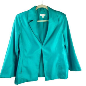Susan Graver QVC Jacket Women Medium Turquoise Green Blue Open Front 3/4 Sleeves